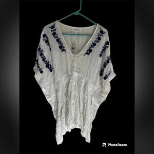 Motherhood Maternity White top with blue cross stitching design size medium